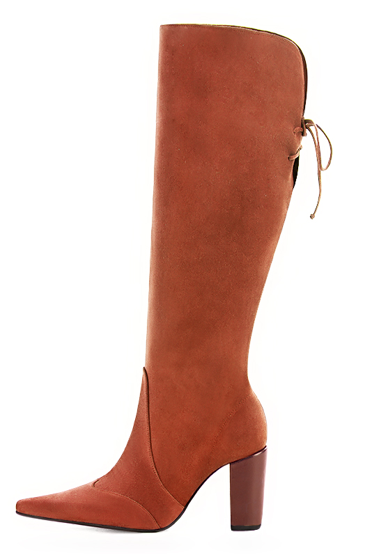 French elegance and refinement for these terracotta orange knee-high boots, with laces at the back, 
                available in many subtle leather and colour combinations. Pretty boot adjustable to your measurements in height and width
Customizable or not, in your materials and colors.
Its half side zip and rear opening will leave you very comfortable.
For pointed toe fans. 
                Made to measure. Especially suited to thin or thick calves.
                Matching clutches for parties, ceremonies and weddings.   
                You can customize these knee-high boots to perfectly match your tastes or needs, and have a unique model.  
                Choice of leathers, colours, knots and heels. 
                Wide range of materials and shades carefully chosen.  
                Rich collection of flat, low, mid and high heels.  
                Small and large shoe sizes - Florence KOOIJMAN